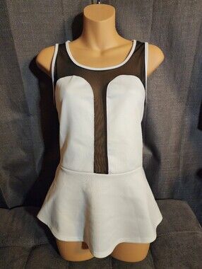 love J White and Black Mesh Peplum Tank